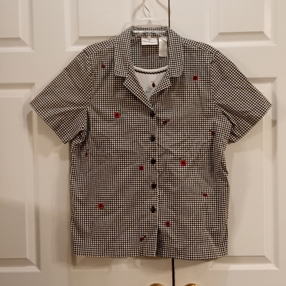 Alfred Dunner Vintage Plaid Whimsgoth Floral Ladybug Granny Core Shirt Size 16 - Picture 3 of 6
